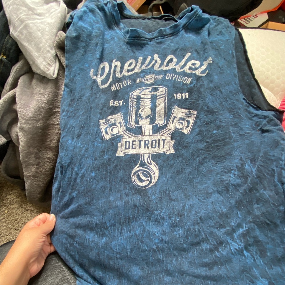 Chevrolet sleeveless blue with white writing T-shirt